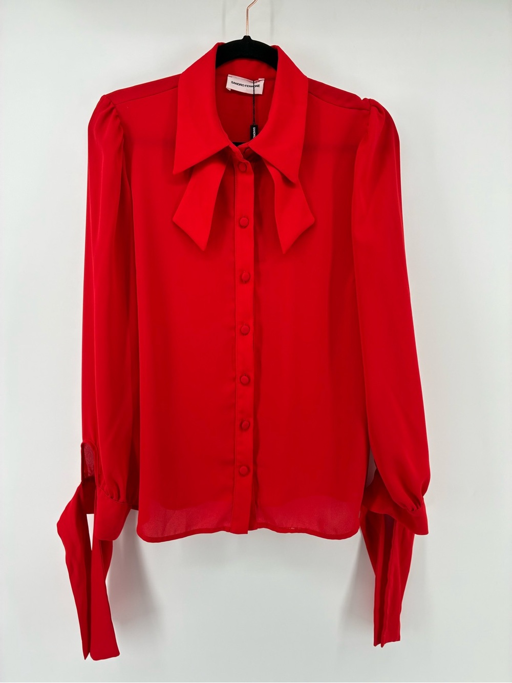 Elegant Red Bow-Tie Blouse with Tie Cuffs
